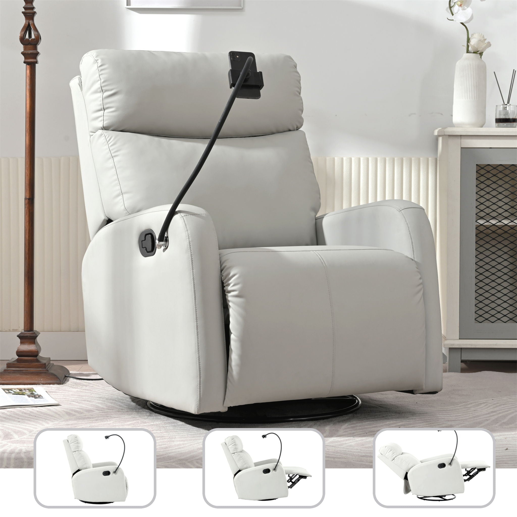 Rocking Recliner Chair, 360 Degree Swivel Nursery Rocking Chair, Glider Chair, Modern Small Rocking Swivel Recliner Chair For Bedroom, Living Room Chair Home Theater Seat, Phone Holder - Light Gray