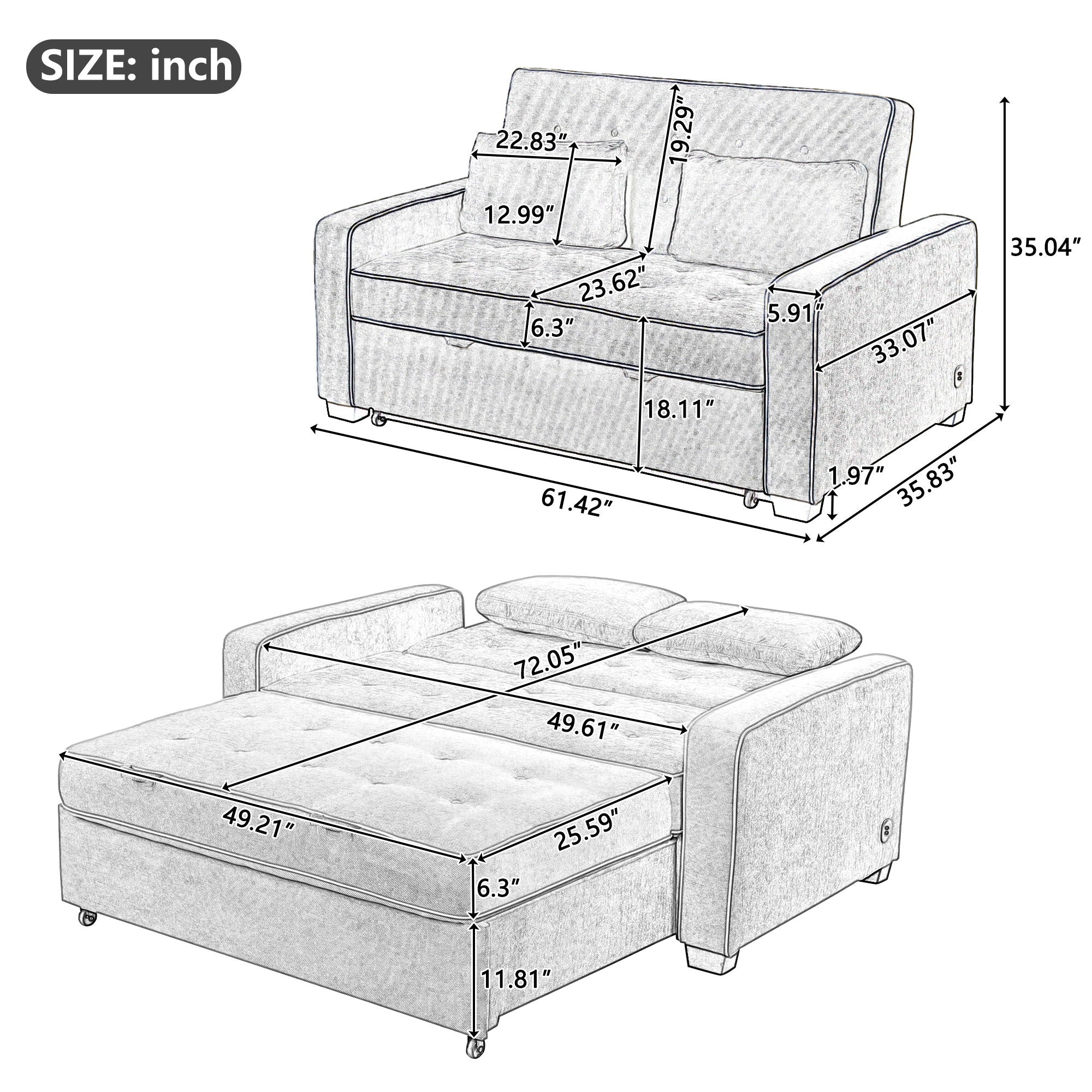 Upholstered Sleeper Bed Sofa With Dual USB Charging, Adjustable Backrest