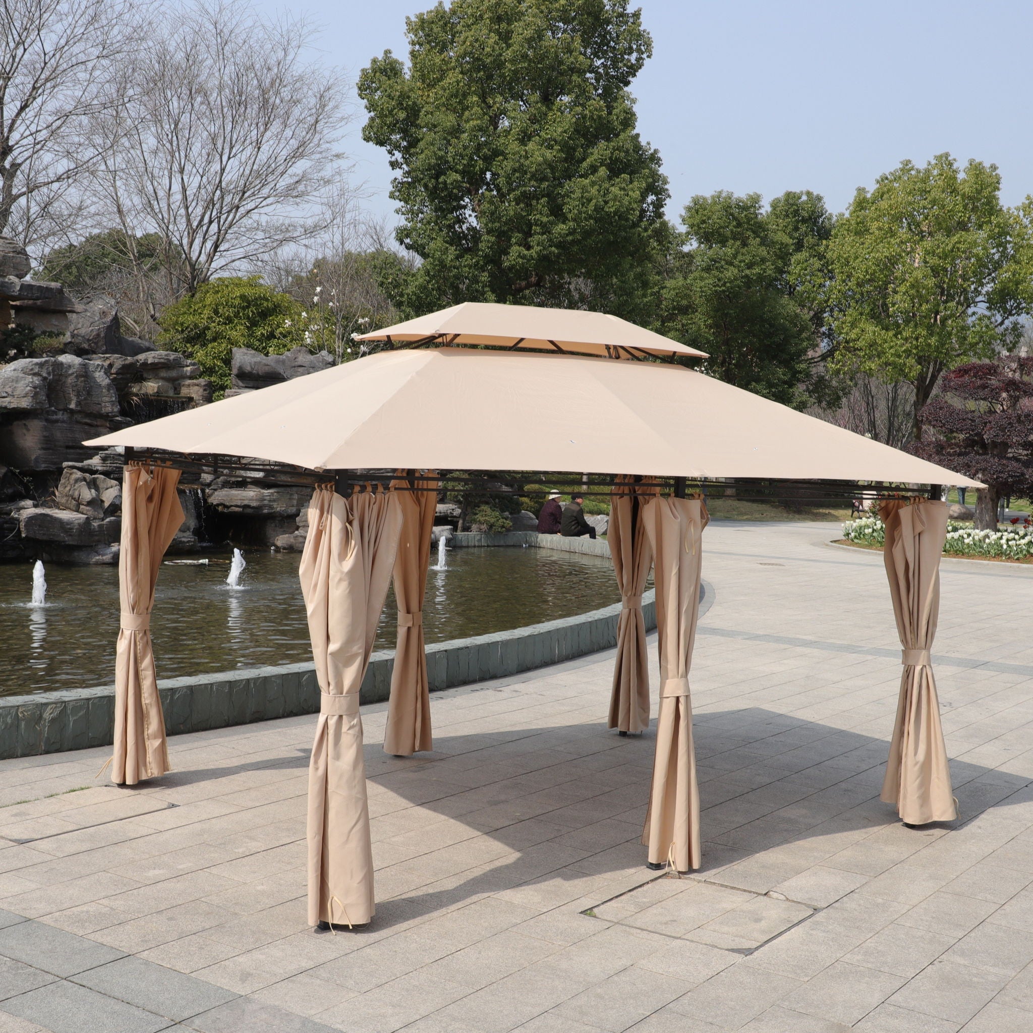Outdoor Patio Gazebo Tent With Ventilated Double Roof And Sidewall