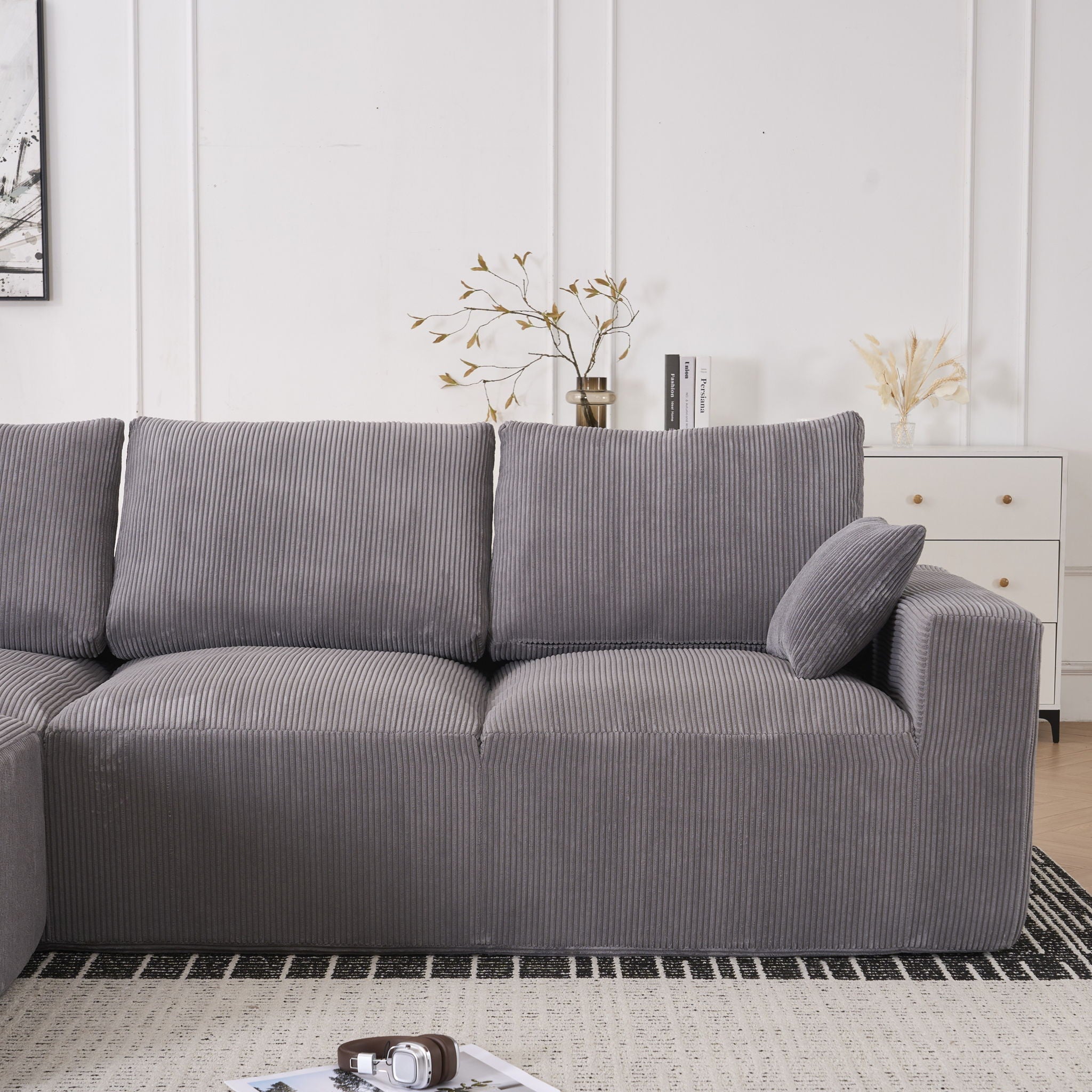 Modular Sectional Sofa With Extra Wide Cushion, USB / Type C Charger, Petal Armrest