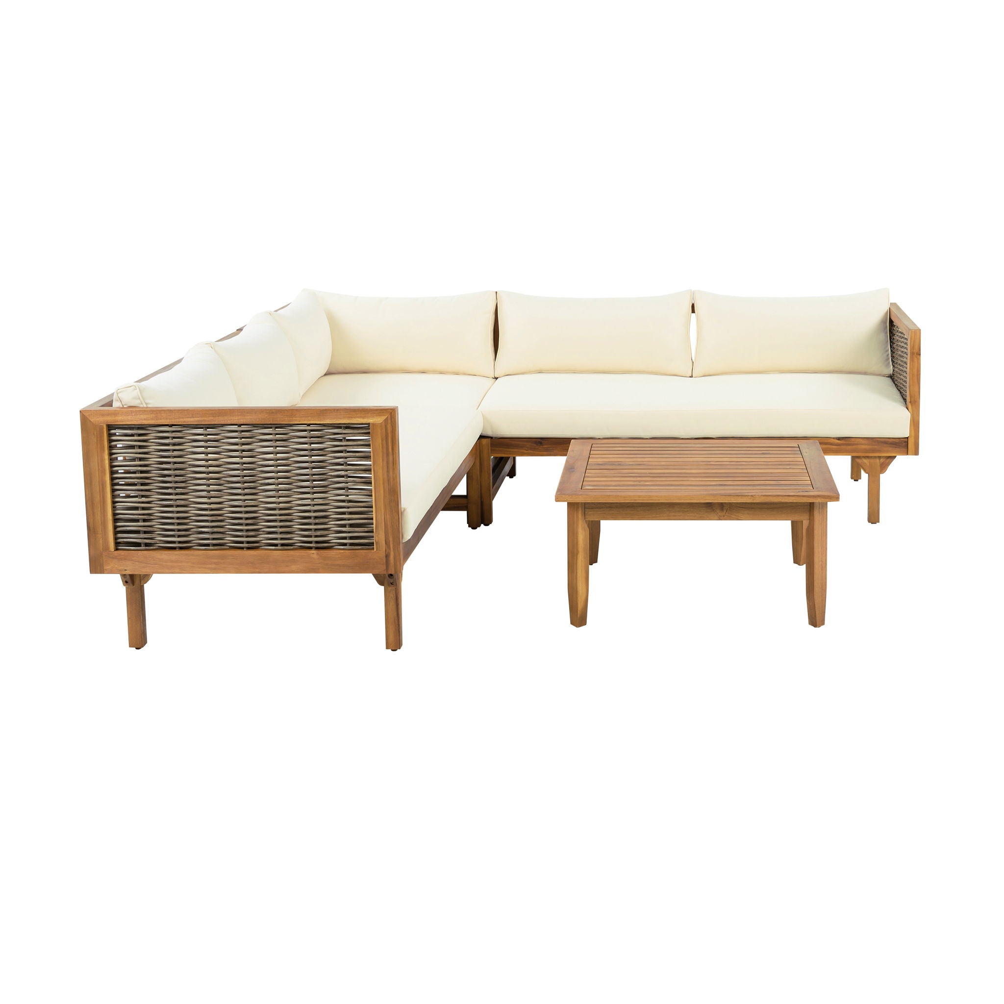 Premium Outdoor Sofa Set With Waterproof Cushions Sectional Seating Group With Acacia Wood And Wicker - Brown Mix / Beige