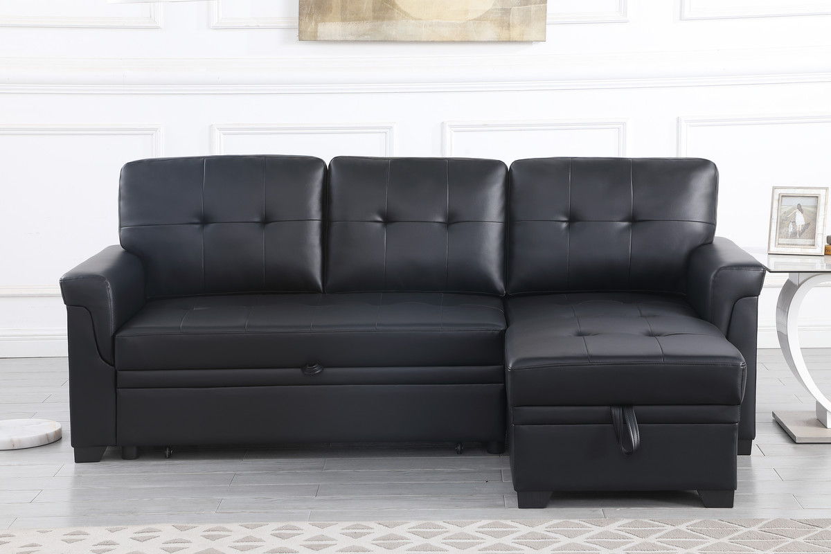 Lucca 84"W Black Vegan Leather Modern Reversible Sleeper Sectional Sofa with Storage Chaise