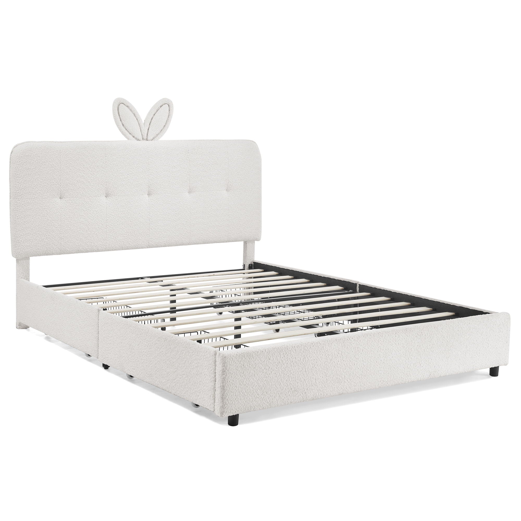 Upholstered Bed With Oversized Rabbit Ear Headboard, LED Lights & 4 Storage Drawers