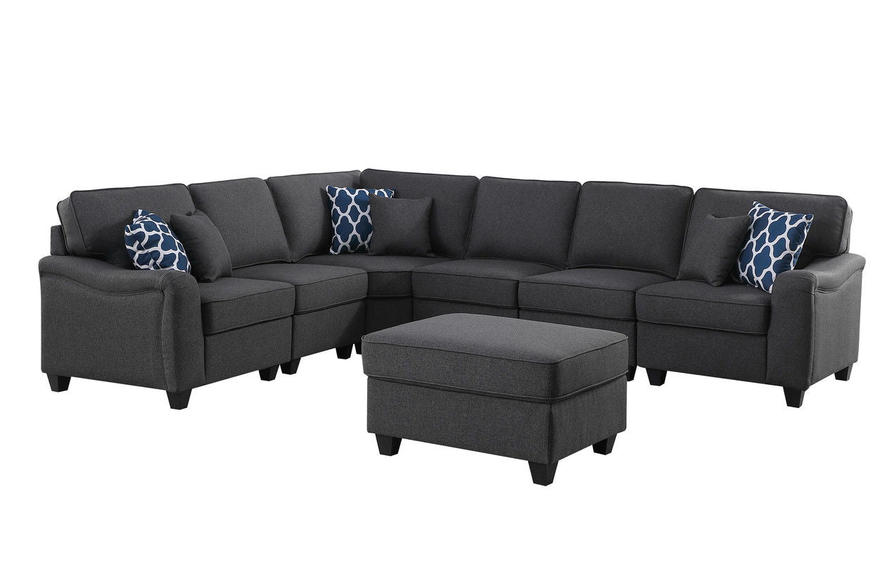 Leo 125"W Dark Gray Linen 7Pc Modular L-Shape Sectional Sofa and Ottoman
