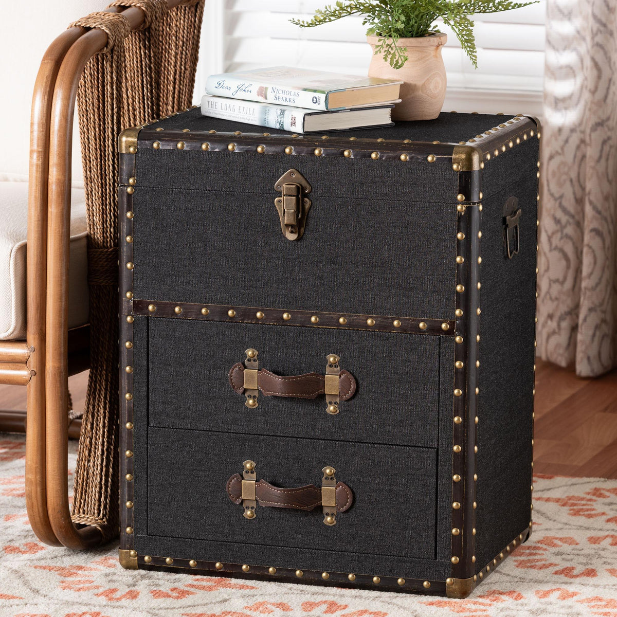 Agatha Vintage Black Canvas 2-Drawer Storage Trunk