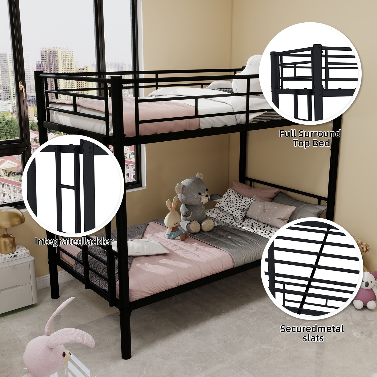 Bunk Bed For Kids, Convertible Frame With Ladders & Guardrail