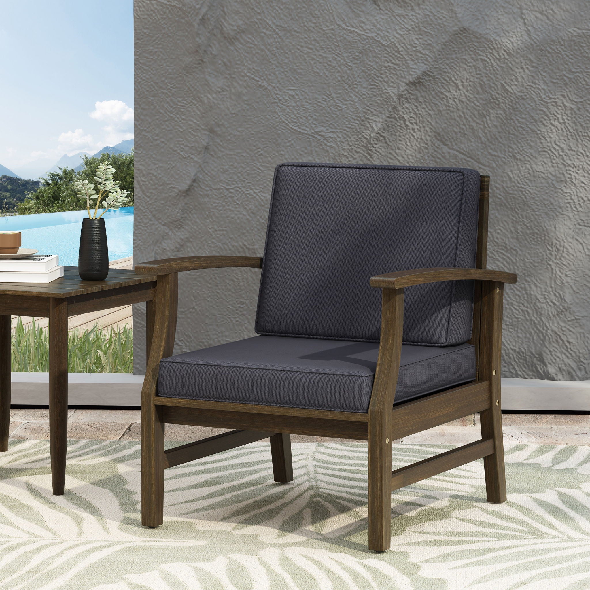 Enchanting Outdoor Club Chair With Slat Panel Design And Water Resistant Cushion - Dark Gray