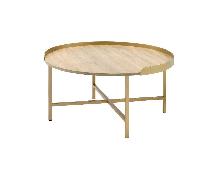 ACME Mithea - Coffee Table - Oak Table Top & Gold Finish | Meri Furniture