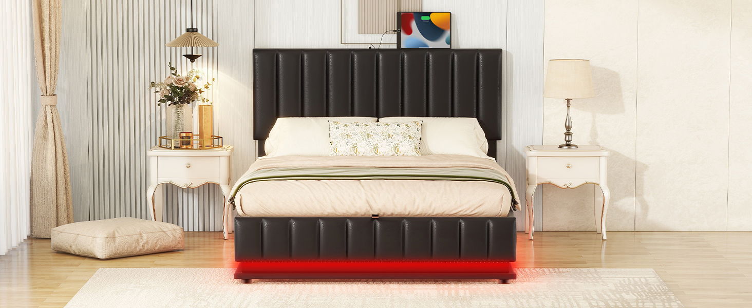 Upholstered Bed With Hydraulic Storage System And LED Light, With Sockets And USB Ports