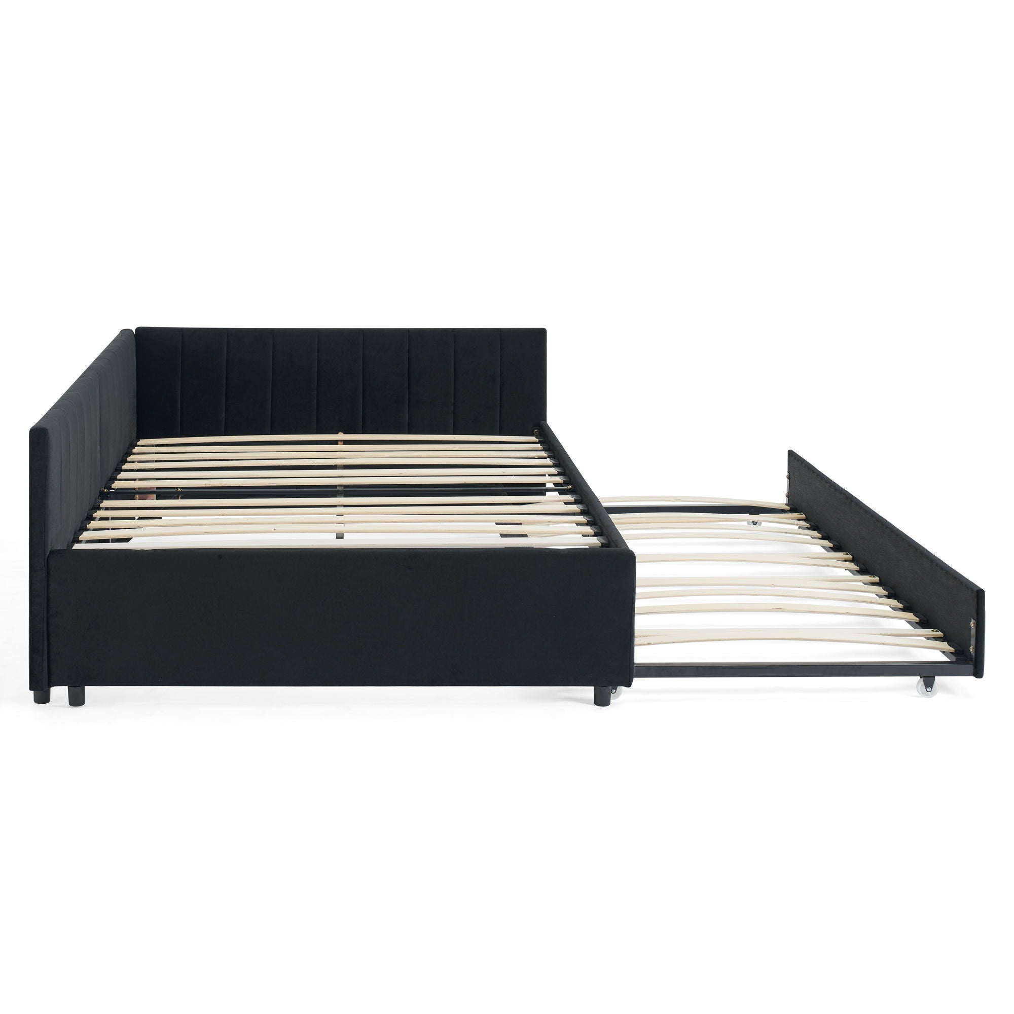 Full Size Upholstered Daybed With Trundle, Tufted Backrest And Armrests - Black