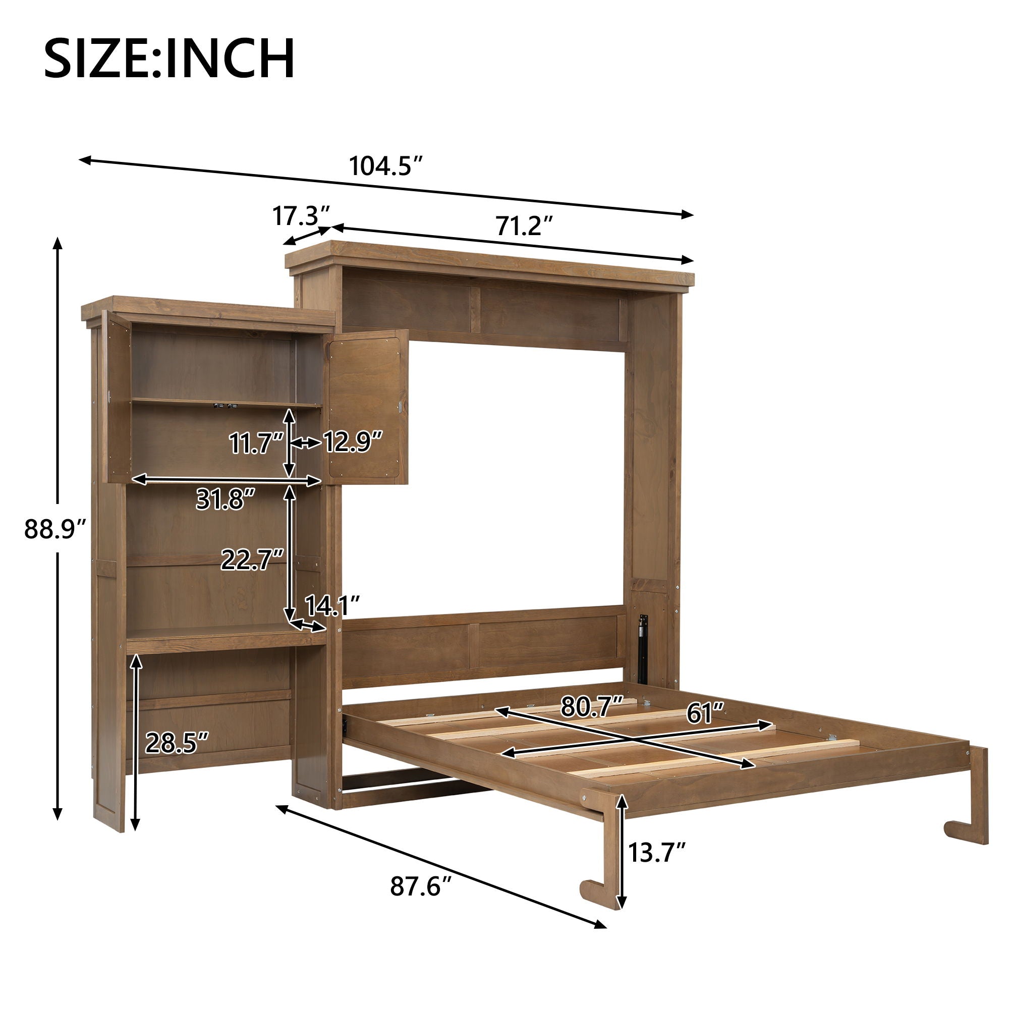 Queen Size Murphy Bed With Louvered Design And Multiple Storage Shelves - Wood