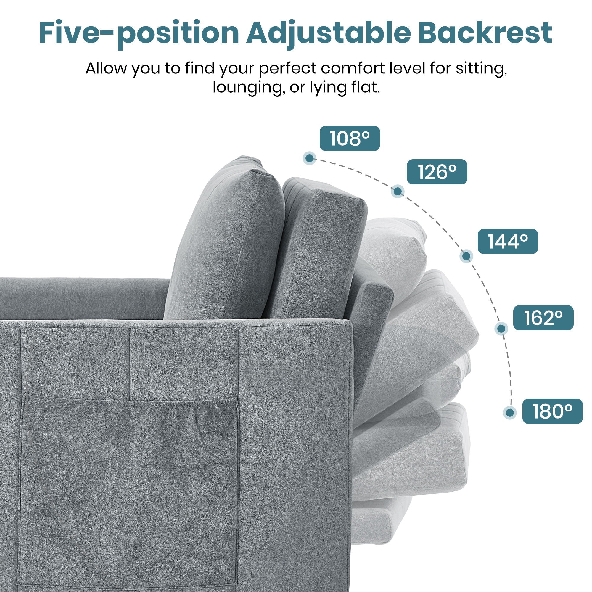 Upholstered Convertible Sleeper Sofa With 5 Position Backrest, Side Pockets, Storage