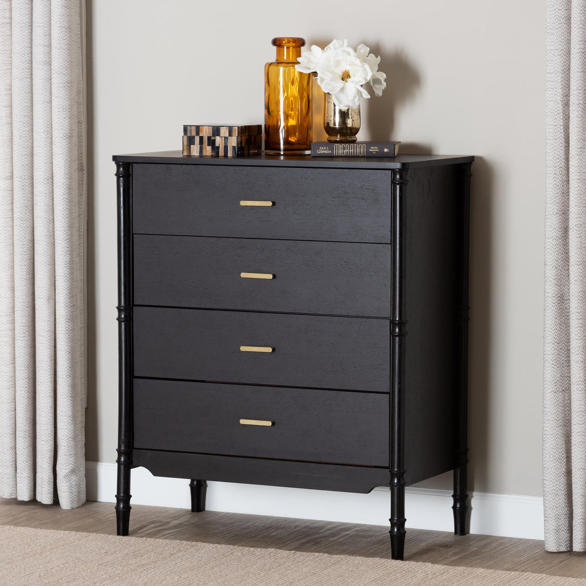 Marisela Black Wood Chest of Drawers with Gold Handles - 4-Drawer Vertical Storage Dresser with Bamboo-Inspired Legs, Modern Transitional Accent Furniture for Bedroom or Guest Room