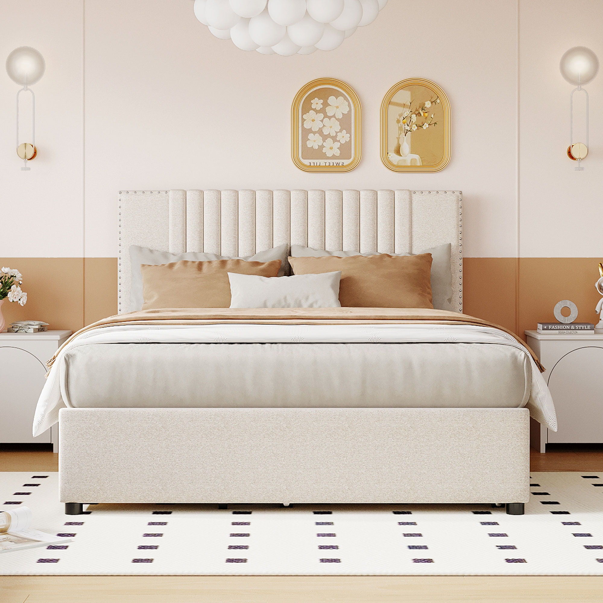 Upholstered Platform Bed With Drawers, Classic Headboard Design