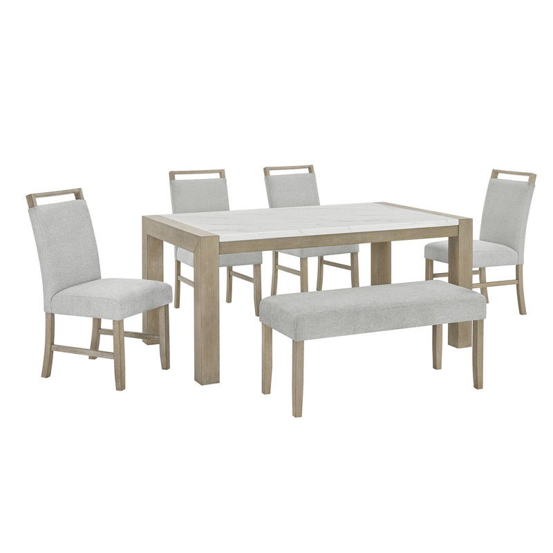Tabitha 6Pc 66" Rectangular White Faux Marble Top Dining Set in Light Oak Finish with Bench
