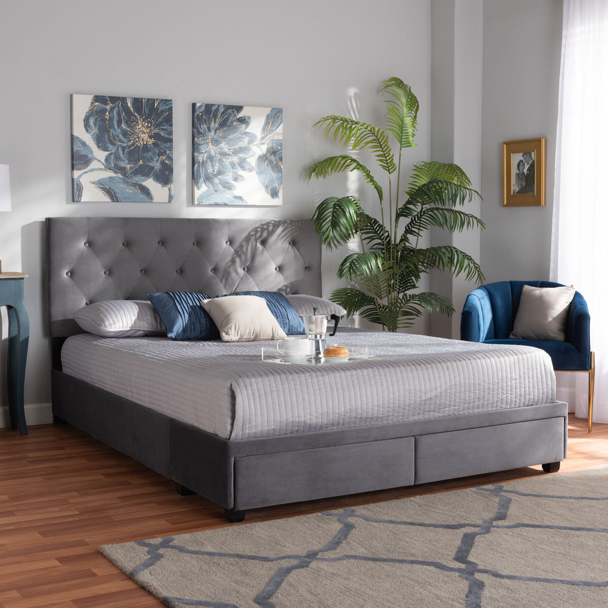 Caronia Modern and Contemporary Grey Velvet Fabric Upholstered 2-Drawer Queen Size Platform Storage Bed