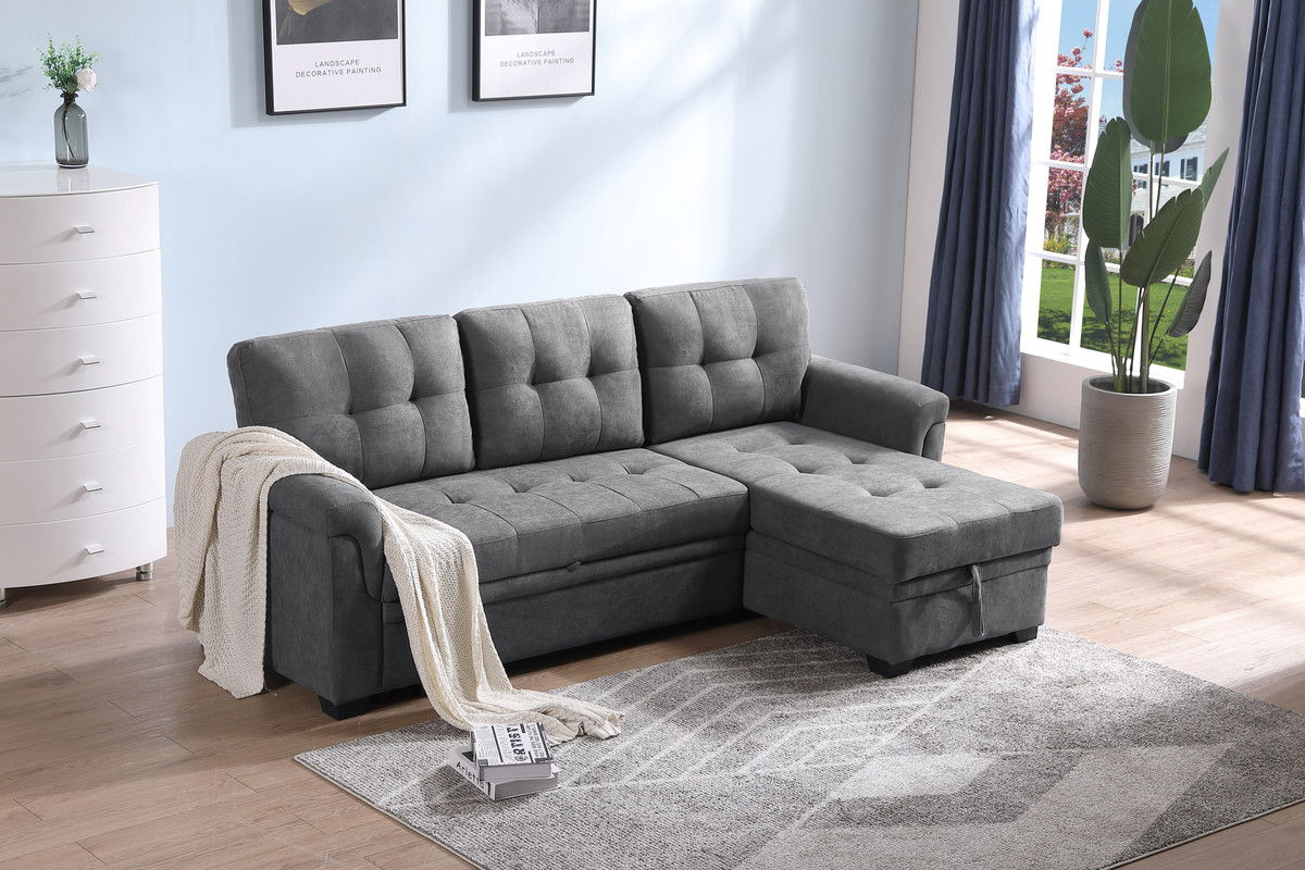Lucca 84"W Gray Fabric Reversible Sectional Sleeper Sofa Chaise with Storage
