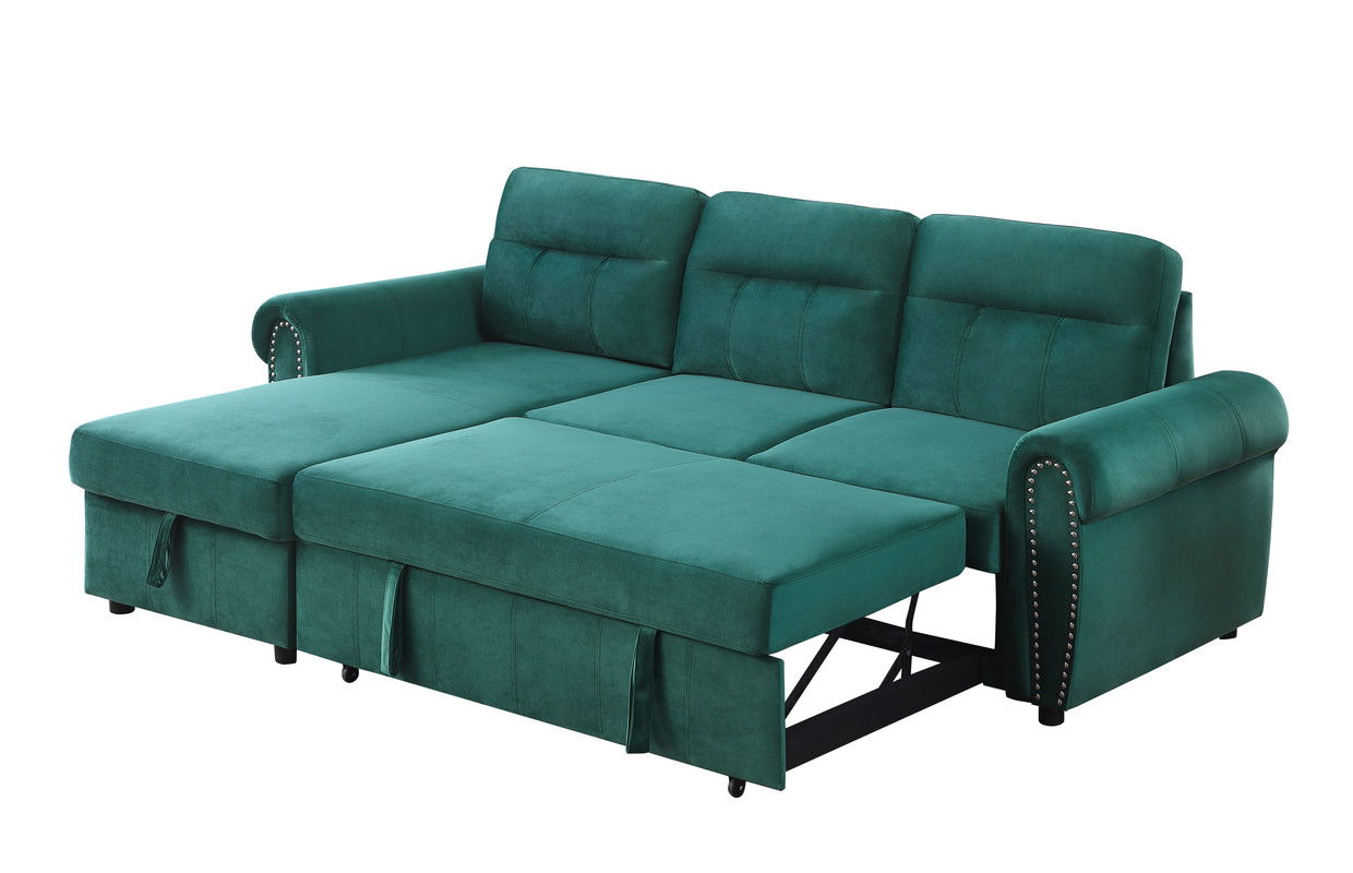Ashton 96.5"W Green Velvet Fabric Reversible Sleeper Sectional Sofa Chaise