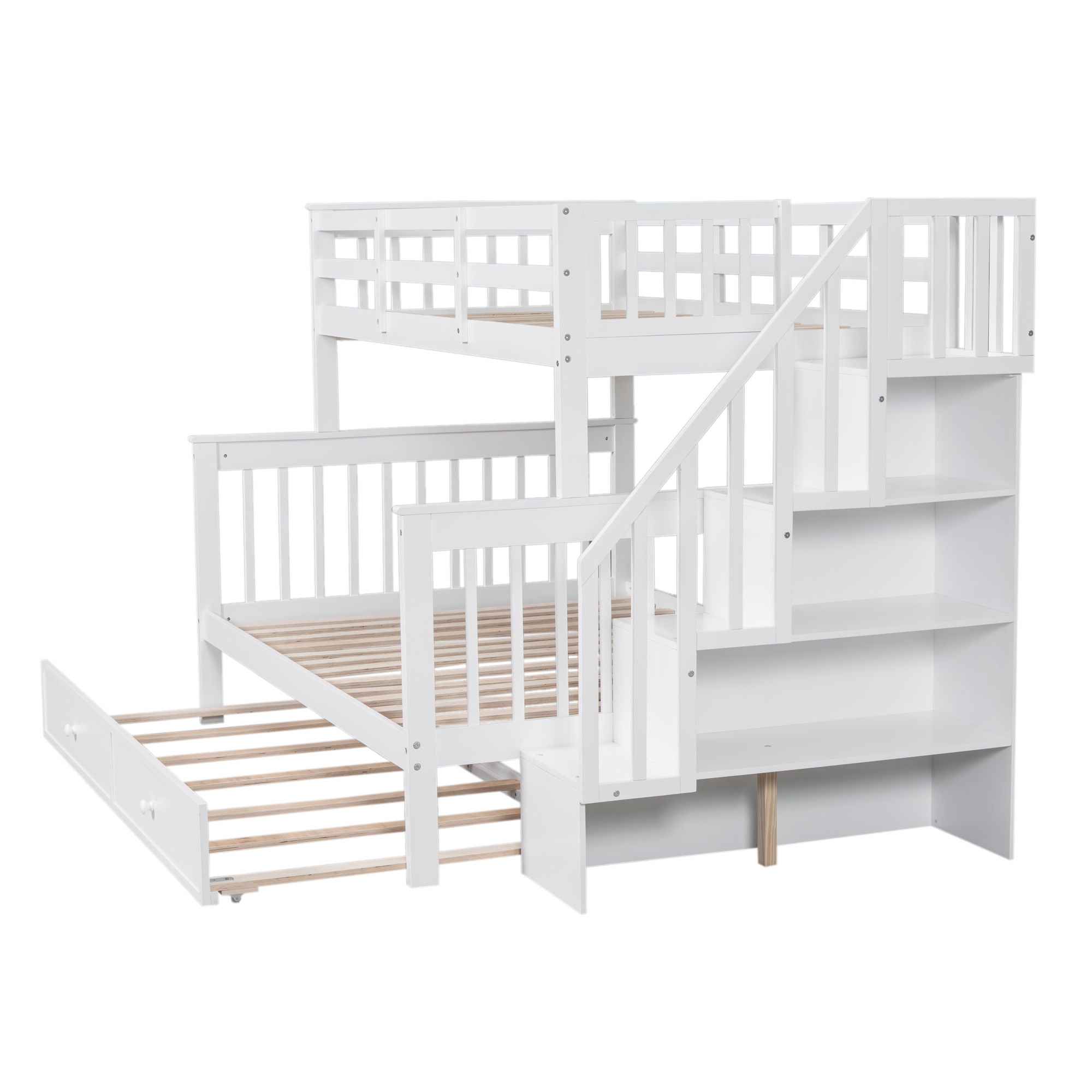 Bunk Bed With Twin Size Trundle, Storage And Guard Rail For Bedroom