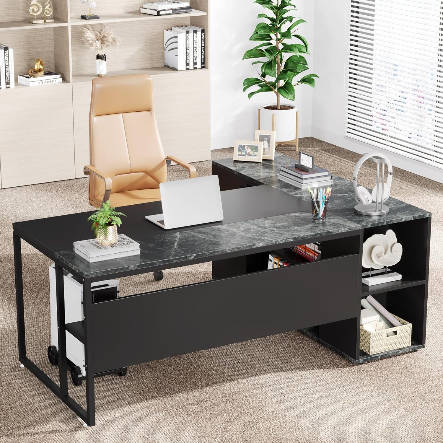 L-Shaped Executive Desk With Cabinet Storage