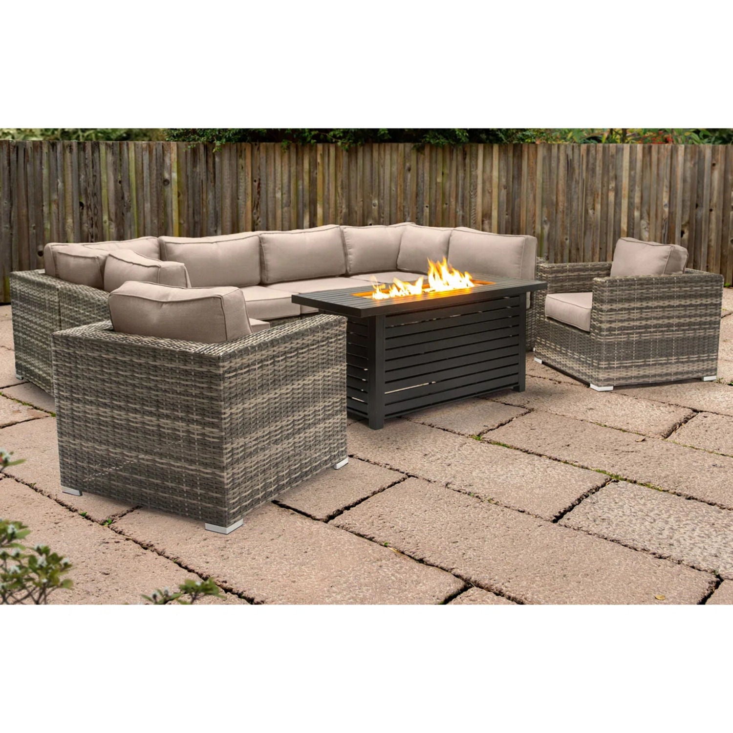 9 Piece Outdoor Sectional Set With Fire Pit Table And Cushions - Beige