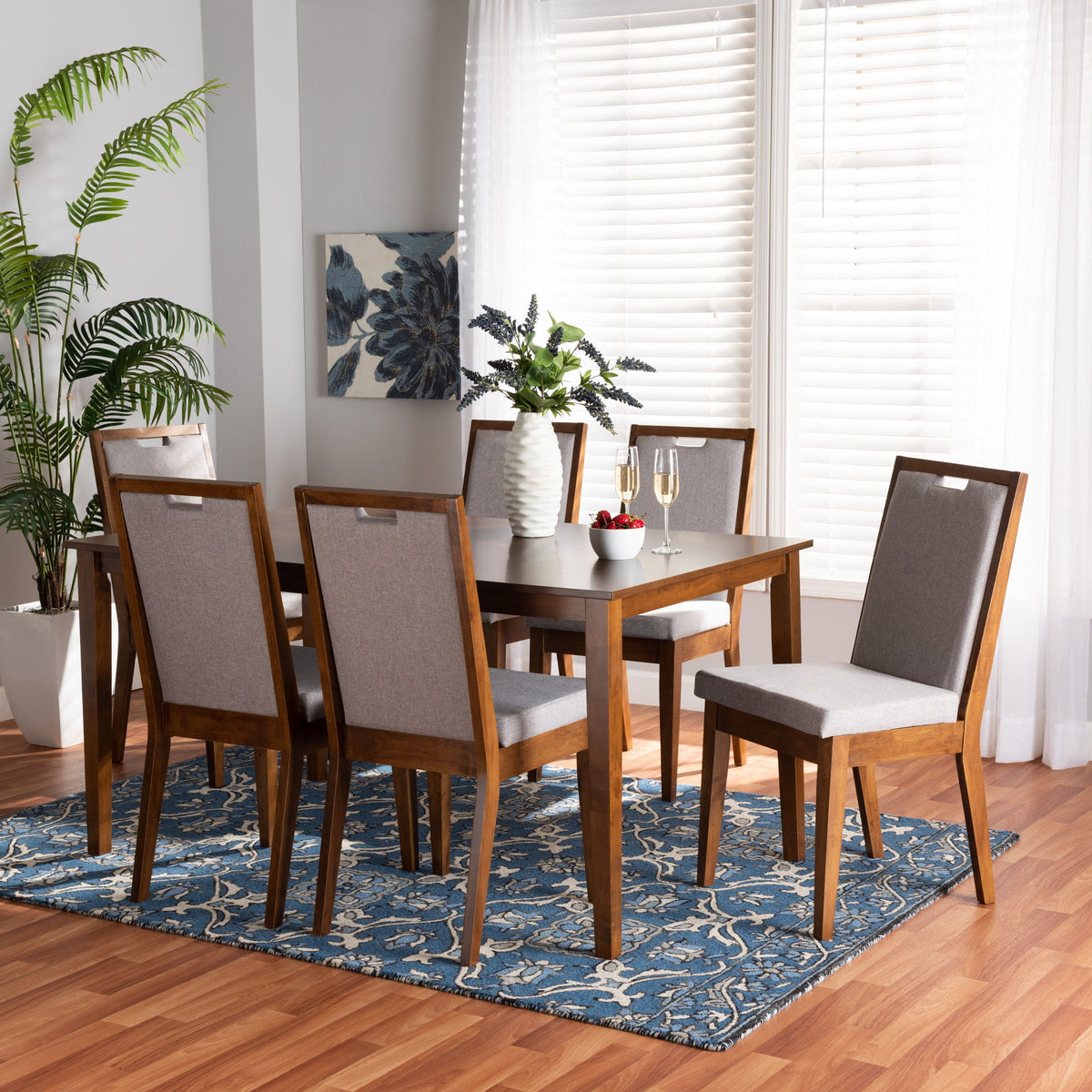 Rosa Modern and Contemporary Grey Fabric Upholstered and Walnut Brown Finished Wood 7-Piece Dining Set