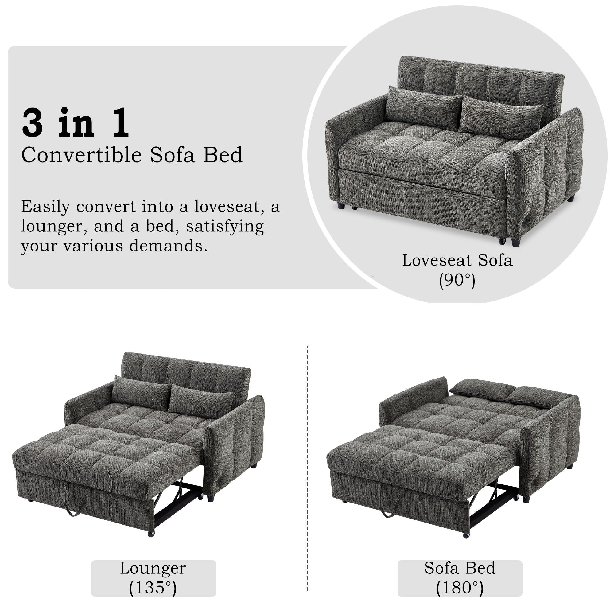 Loveseat Sofa Pull-Out Bed With Adjustable Backrest, 3 USB Ports And 2 Lumbar Pillows For Living Room