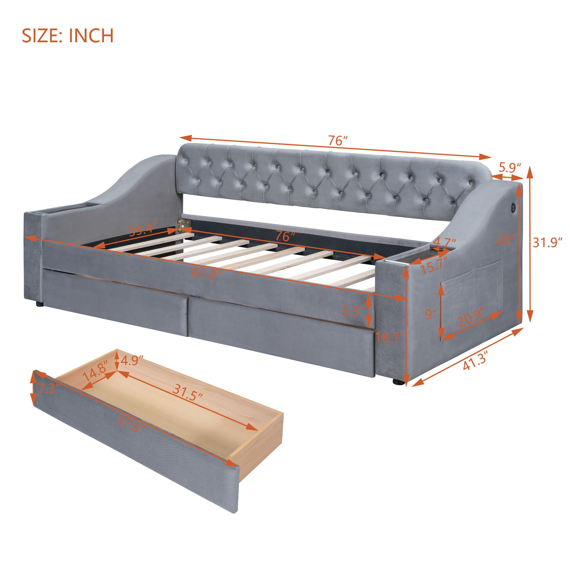Upholstered Daybed With Storage Armrests And USB Port
