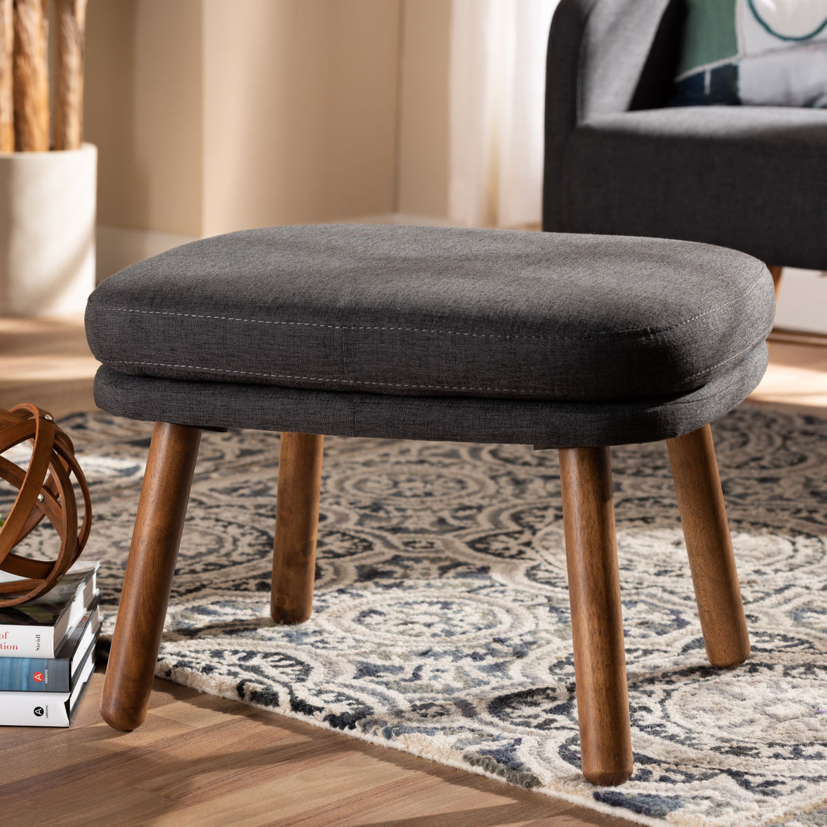 Lovise Mid-Century Modern Dark Grey Fabric Upholstered Walnut Brown Finished Wood Ottoman