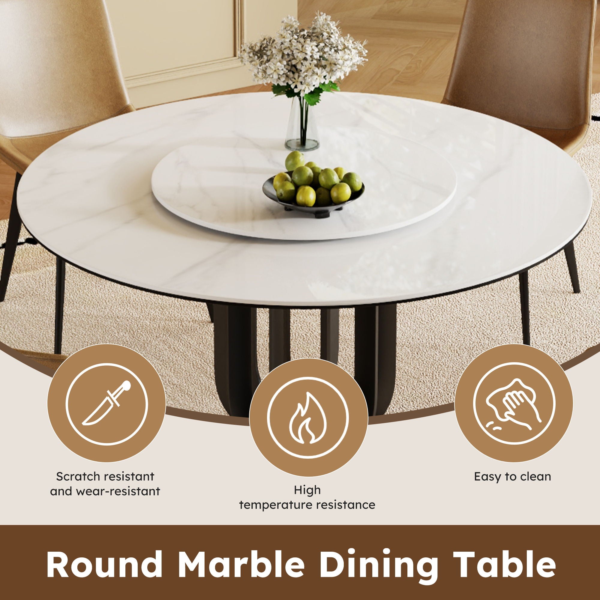 Round Dining Table With Carbon Steel Base And Lazy Susan / For Kitchen And Dining Room, 4 Chairs - Black / White