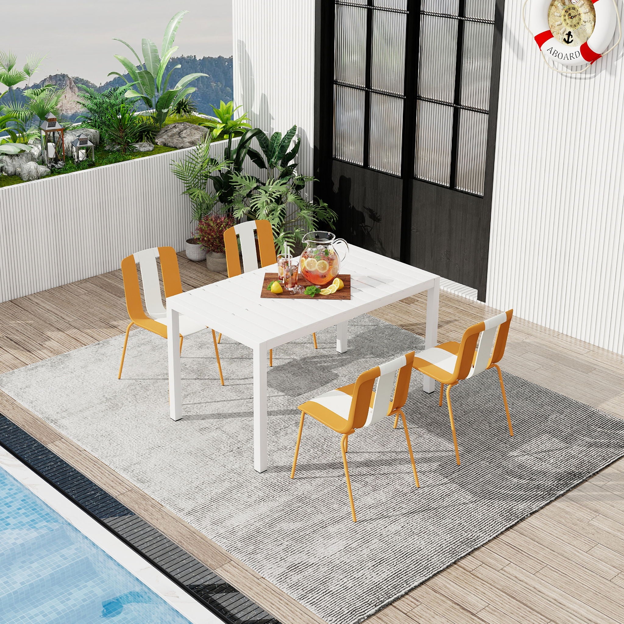 4 Piece Set Of Modern Striped Color- Blocking Single Chairs With Long Table