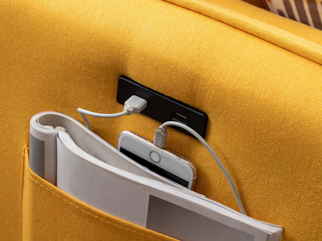 Mia 70"W Yellow Sectional Sofa Chaise with USB Charger & Pillows