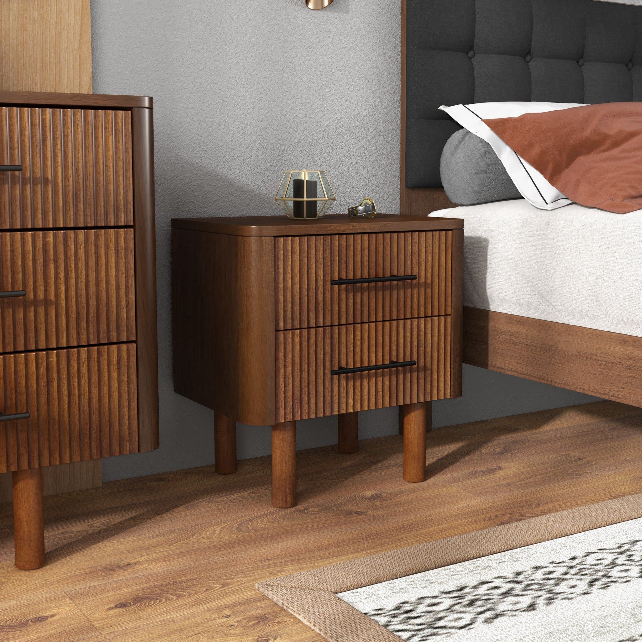 Logan - Mid-Century Modern Nightsd Bed Side Tables With 2 Drawers - Brown