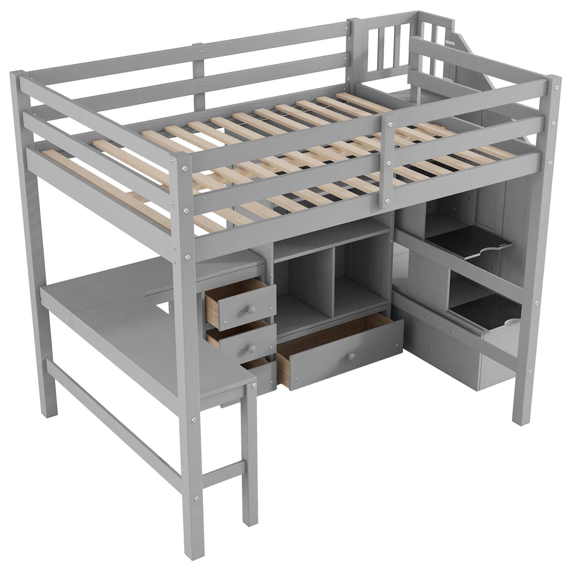 Loft Bed & L Shaped Desk, Drawers, Cabinet, And Storage Staircase