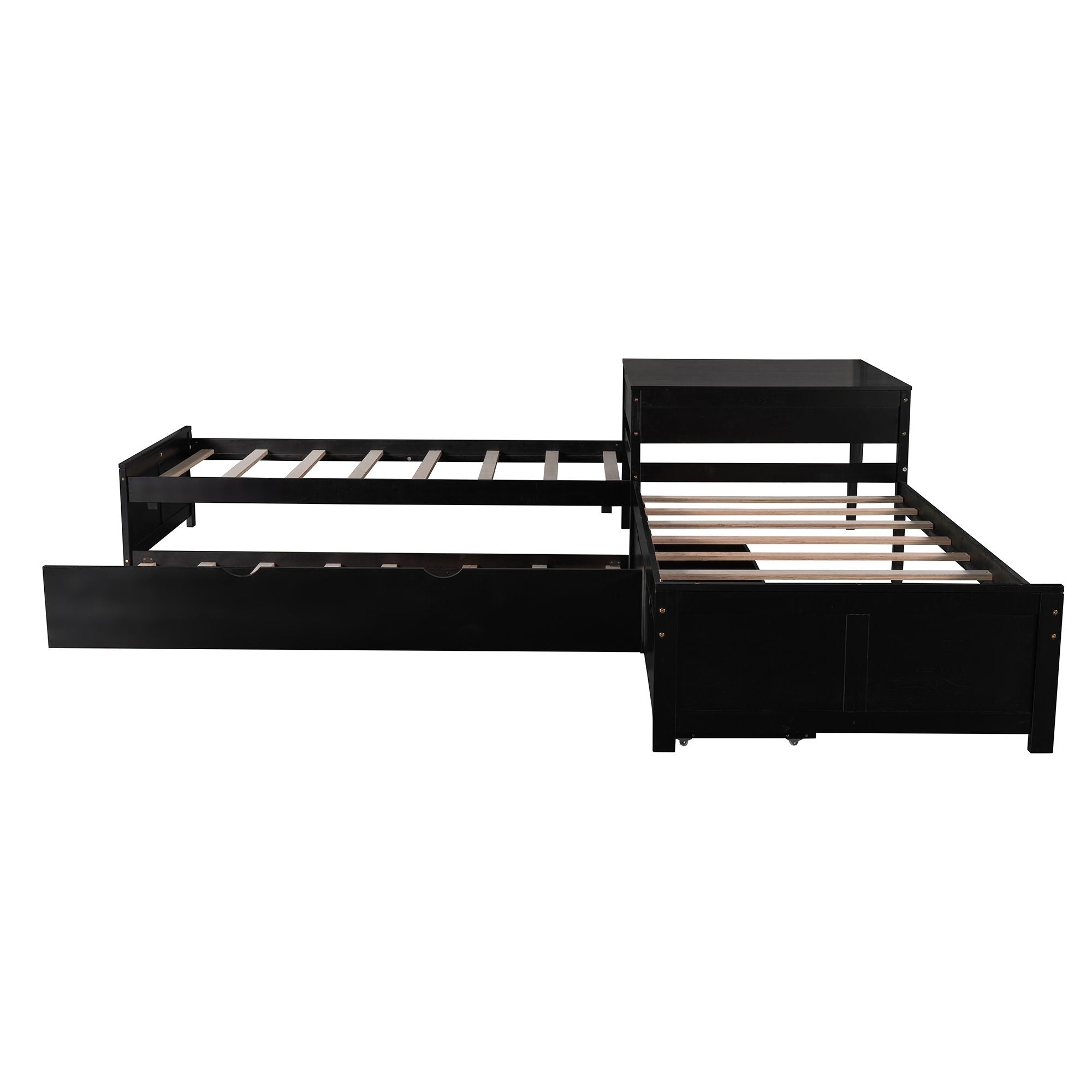 L Shaped Platform Bed With Trundle And Drawers Linked With Built In Desk
