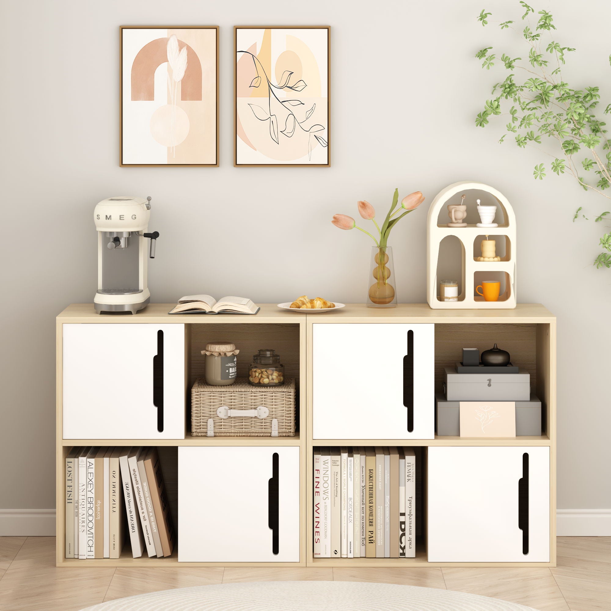 Storage Cabinet With Sliding Doors, 2 Tier Open And Closed Shelves Organizer - Natural / White
