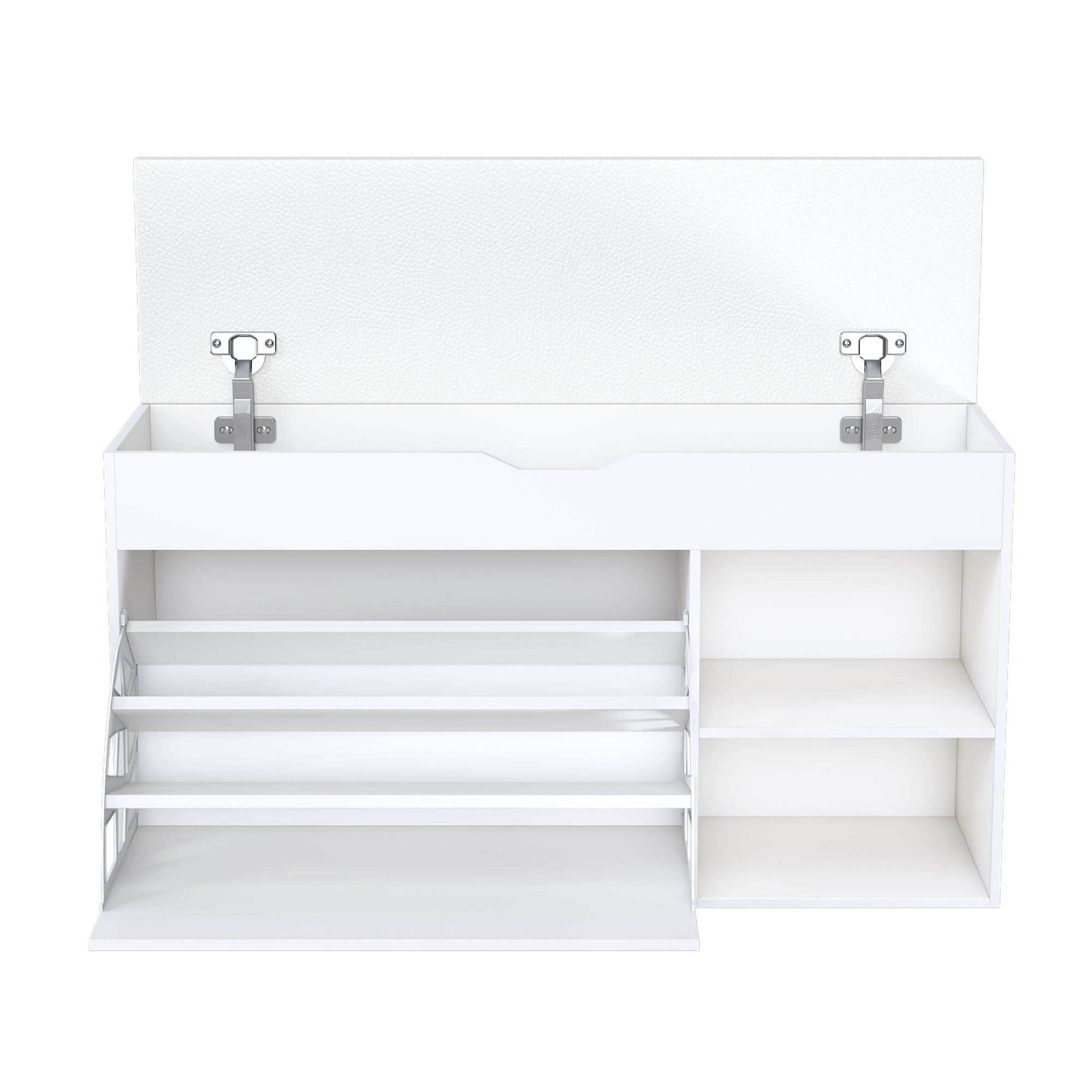 Modern Design Entryway Bench With Adjustable 3 Tier Flip-Up Drawers And Hidden Cabinet - White