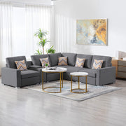 Nolan 106"W Gray Linen Fabric 6Pc Reversible Sectional Sofa with a USB, Charging Ports, Cupholders, Storage Console Table and Pillows and Interchangeable Legs