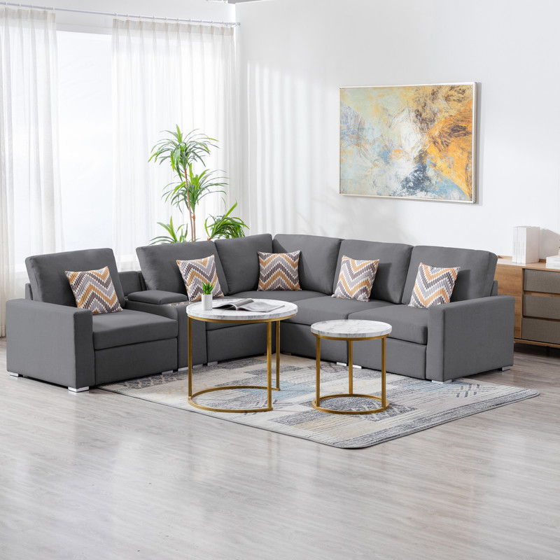 Nolan 106"W Gray Linen Fabric 6Pc Reversible Sectional Sofa with a USB, Charging Ports, Cupholders, Storage Console Table and Pillows and Interchangeable Legs