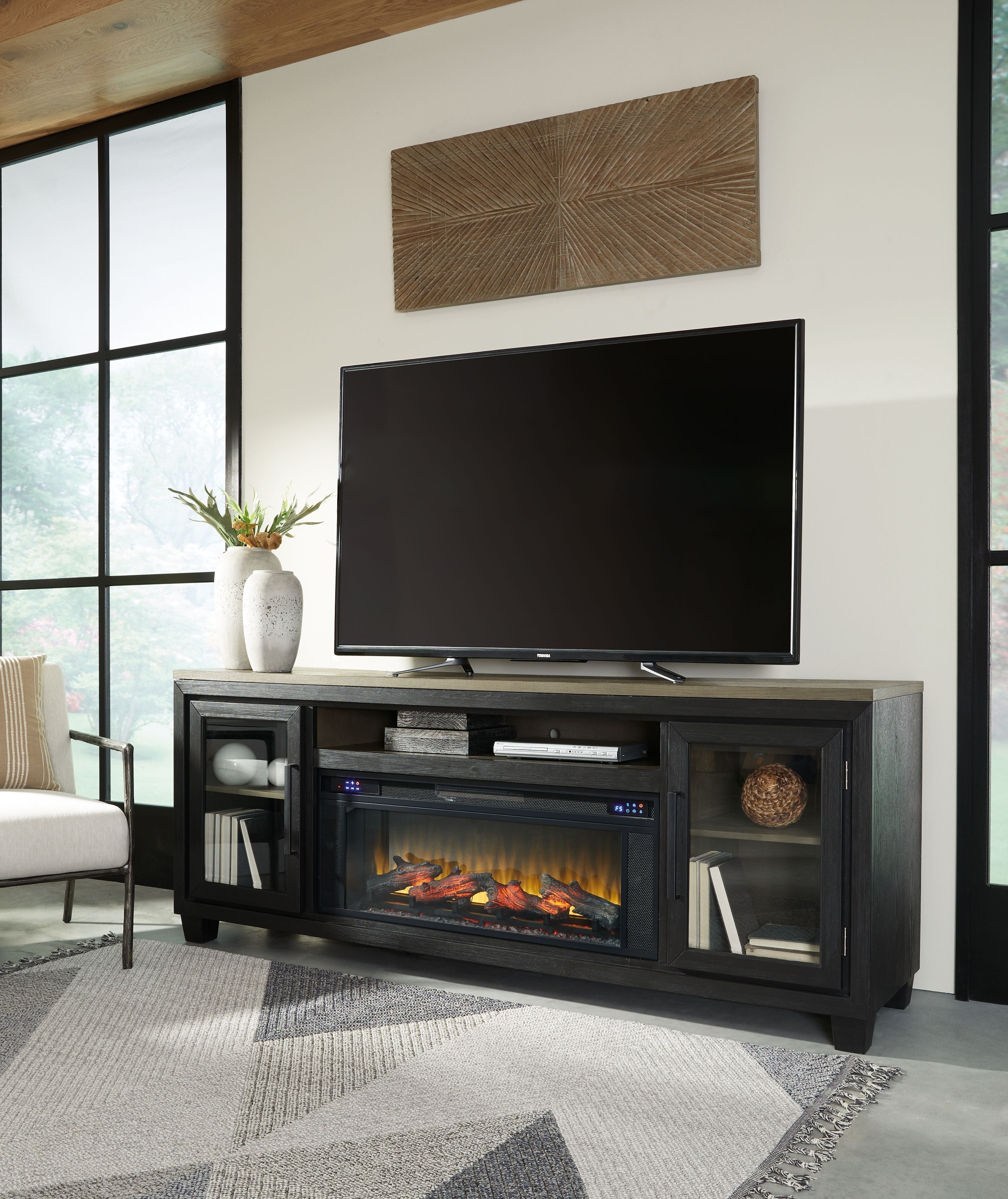 Signature Design by Ashley® Foyland - Black / Brown - 83" TV Stand With Electric Infrared Fireplace Insert | Meri Furniture