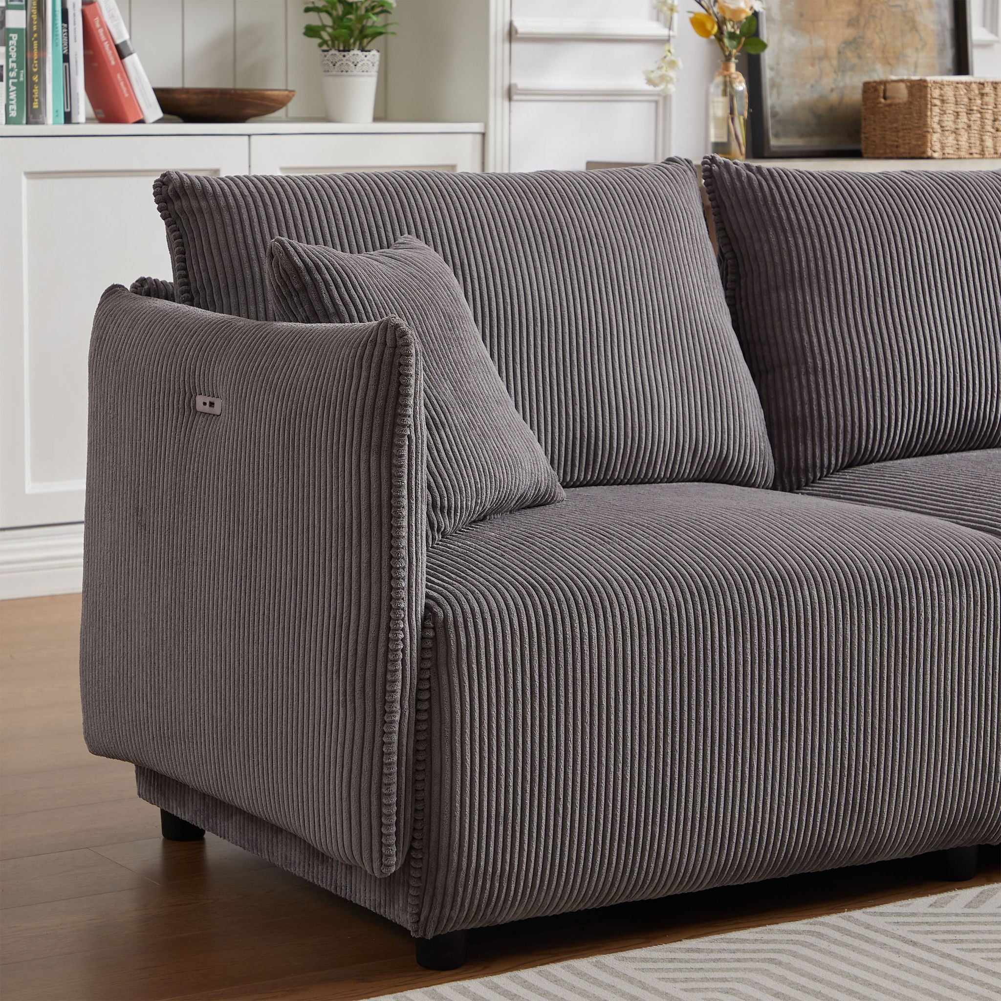 Modern Minimalist Corduroy Combination Sofa With 2 Comfort Cushions With USB & C Charging Ports