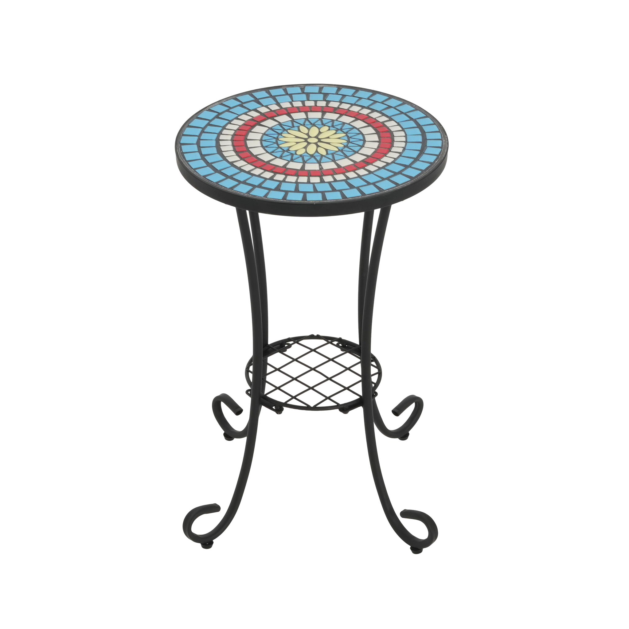 Ceramic Tile And Iron Patio Side Table With Shelf