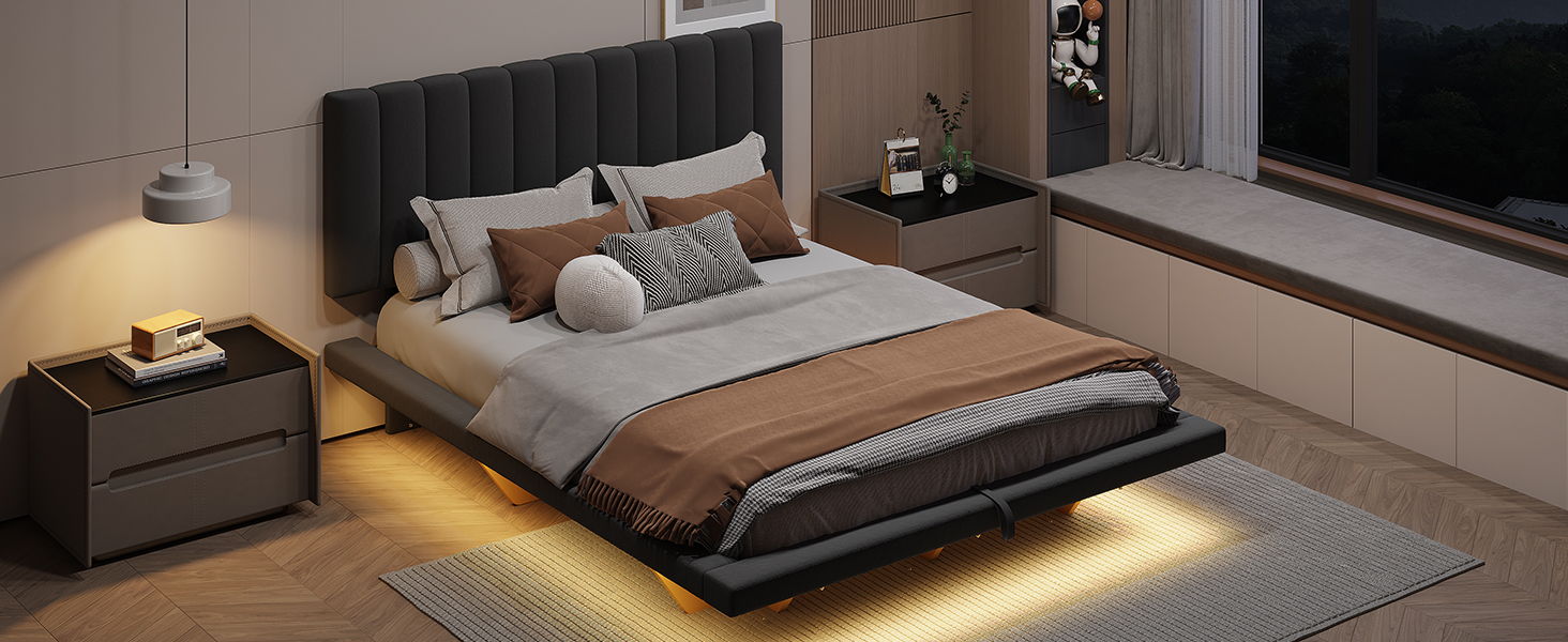 Upholstered Floating Hydrualic Platform Bed With LED Light And USB Port