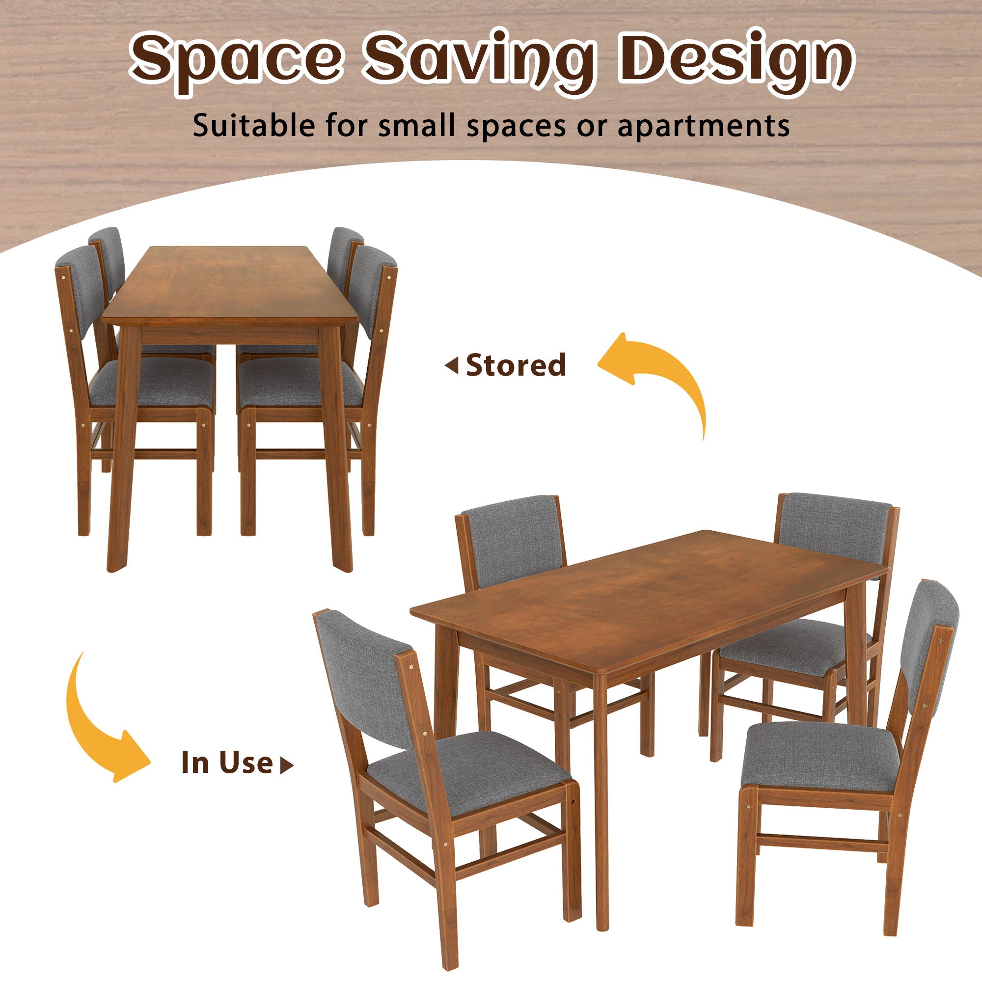5 Pieces Rectangle Wooden Dining Table Set, Mid Century Modern Kitchen Table And 4 Upholstered Chairs For Home, Saving Space - Brown / Gray