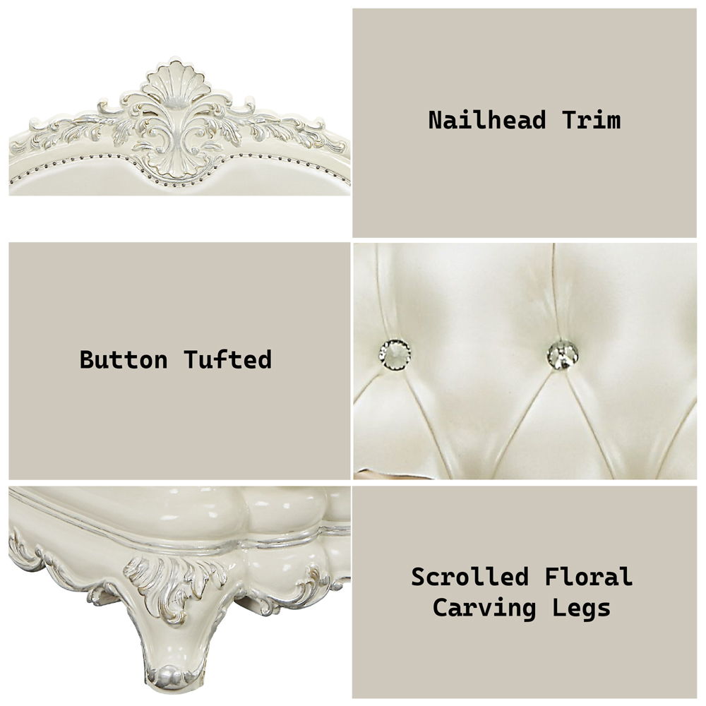 Adara - Sofa With 7 Pillows - Pearl White Synthetic Leather & Antique White