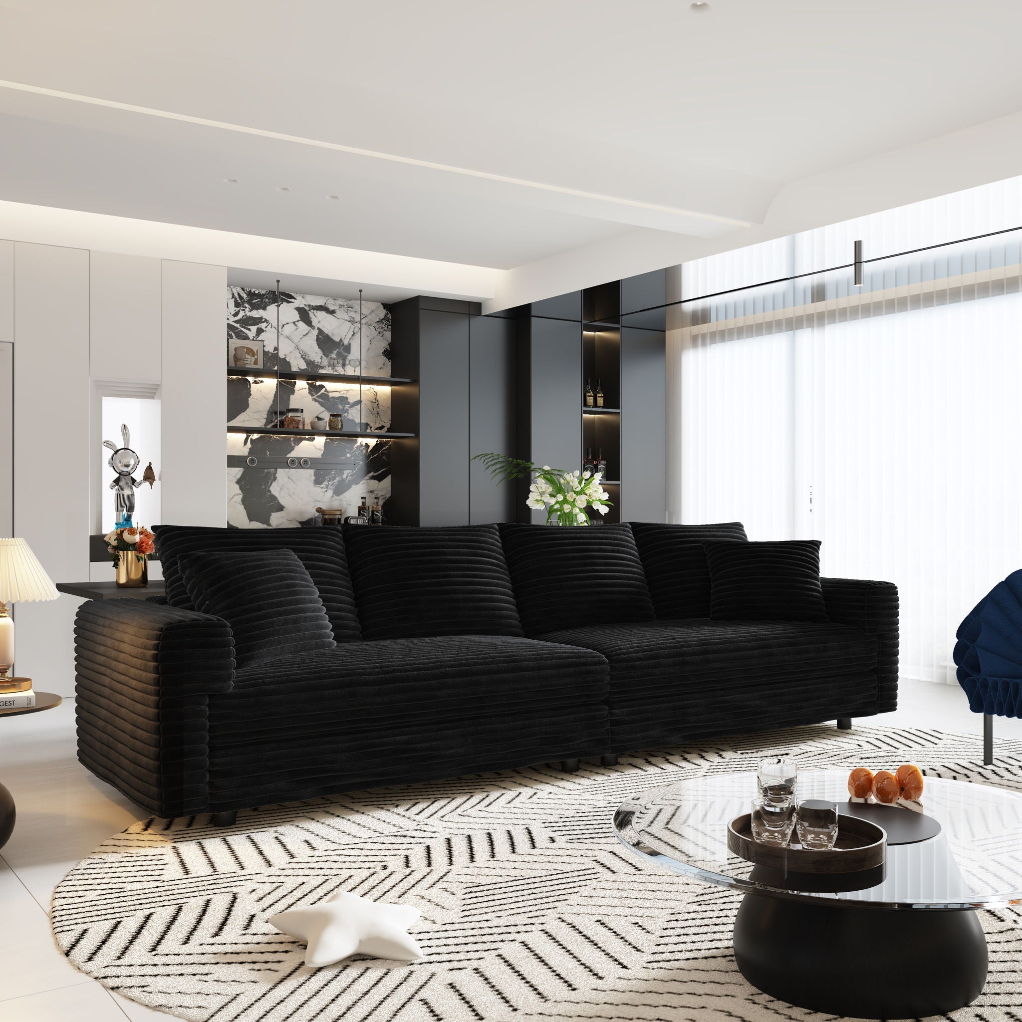 Plush Corduroy 4 Seat Sofa, Modern Comfy Upholstered Sofa Cloud Couch, Deep Seat Couches With Soft Pillows