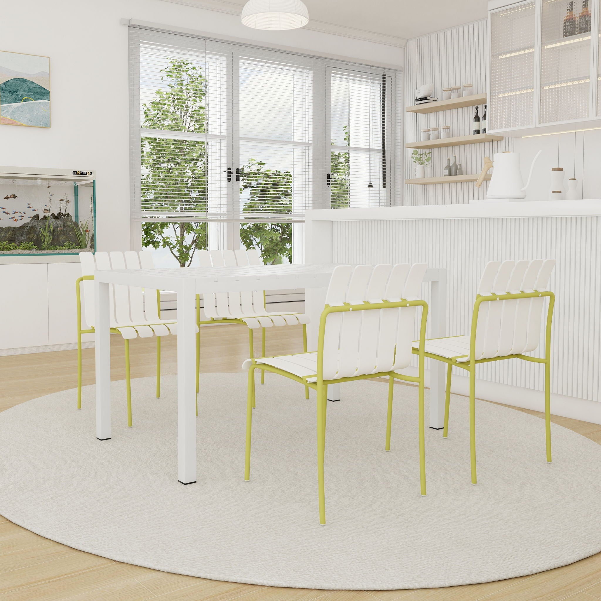 4 Piece Set Of Modern Color Block Designed Single Chairs With Long Table