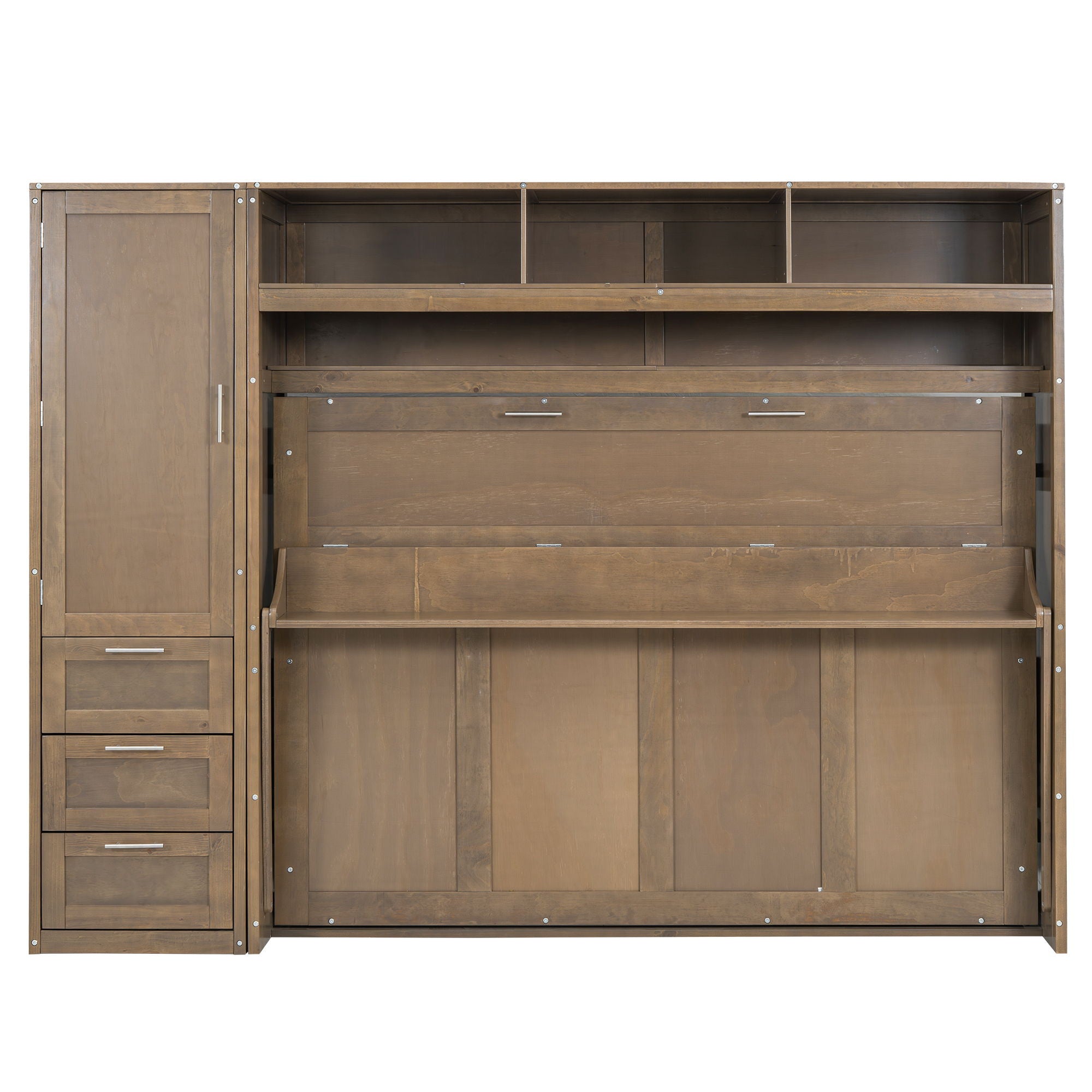 Full Size Murphy Bed With Wardrobe, Drawers, And Open Shelves - Wood