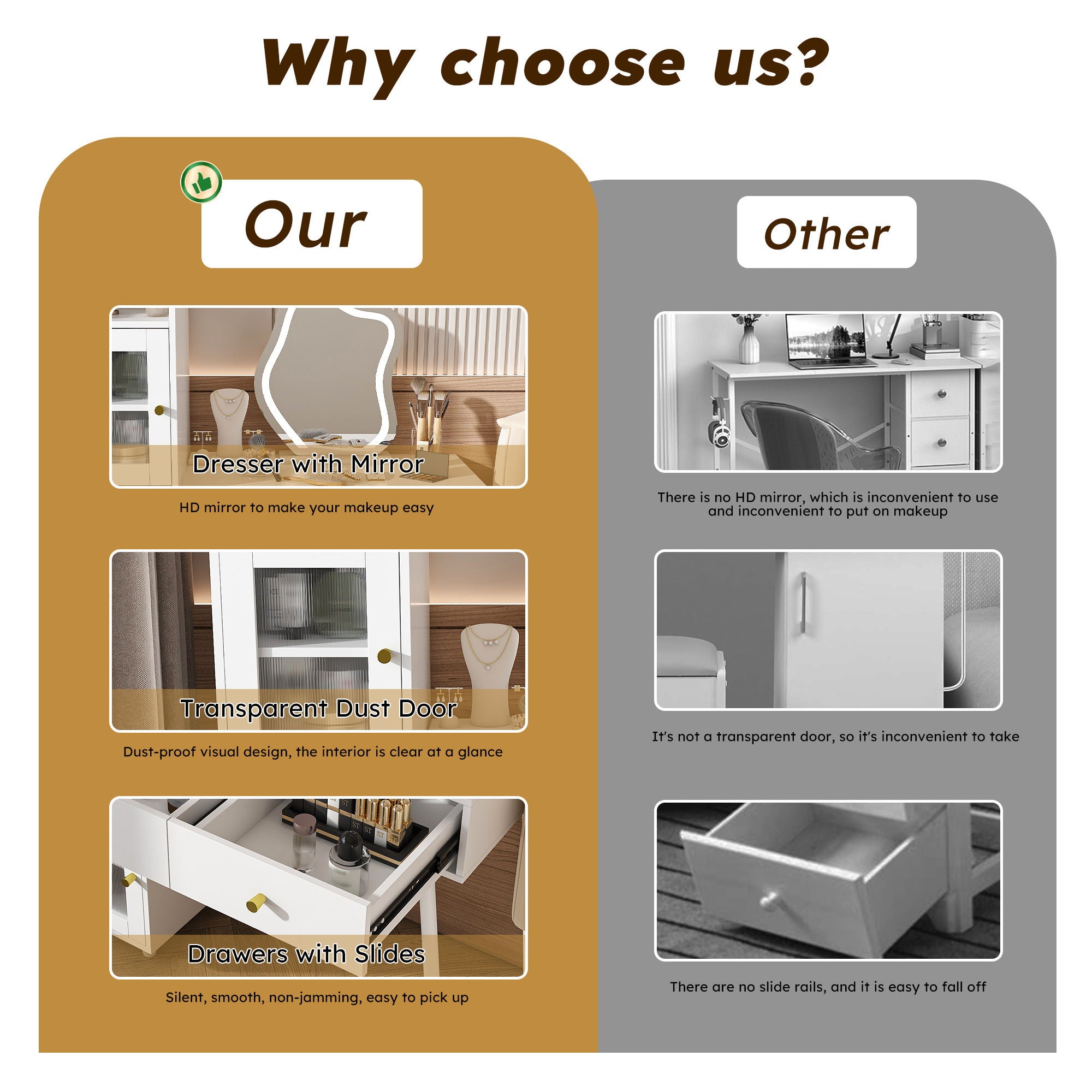 Vanity Dressing Table With LED Mirror & Storage Makeup Desk With 3 Drawers, 2 Open Shelves & 4 Hidden Cabinets - White