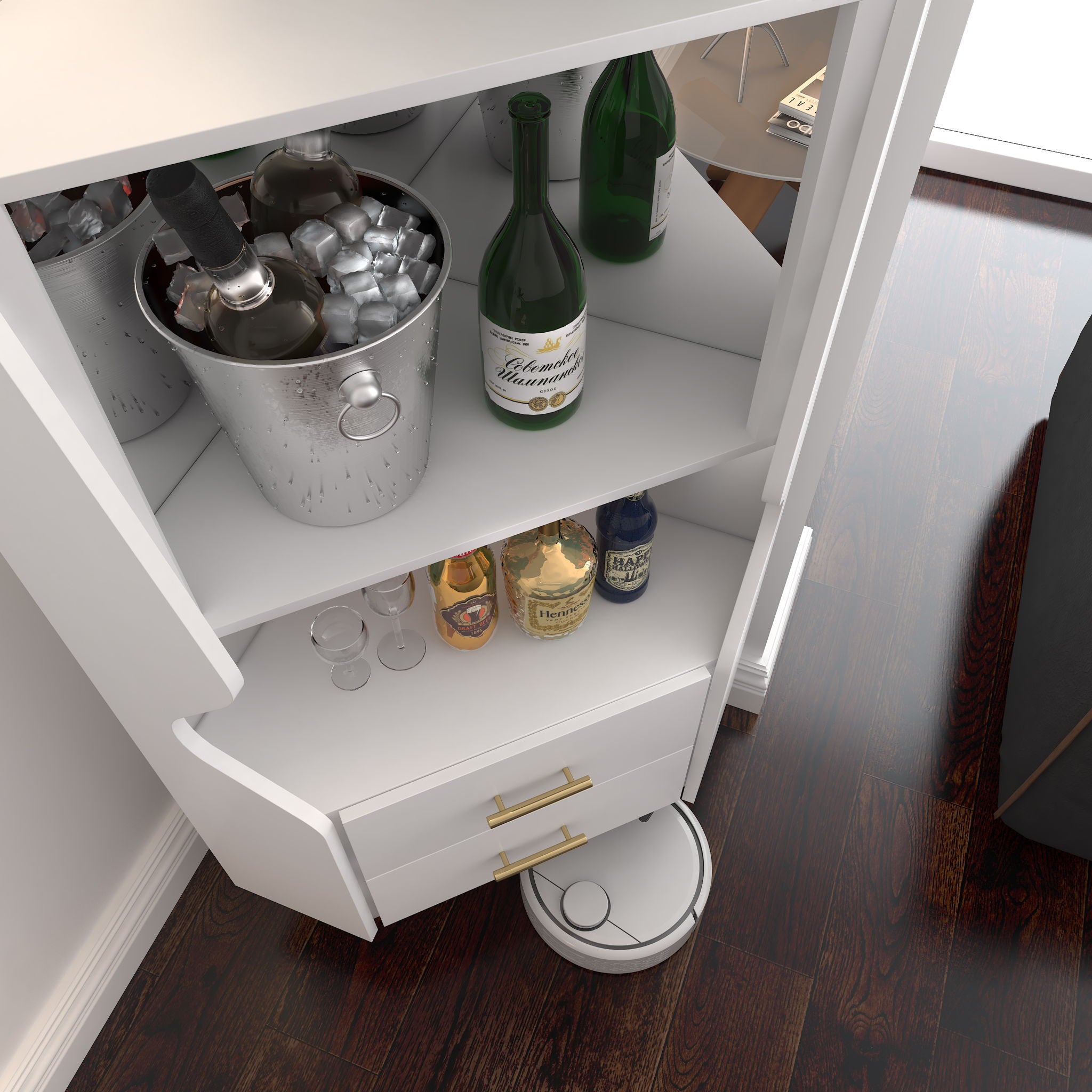Corner Bar Cabinet With Mirrored Back, 2 Open Shelves & 2 Drawers, High Legs For Easy Cleaning